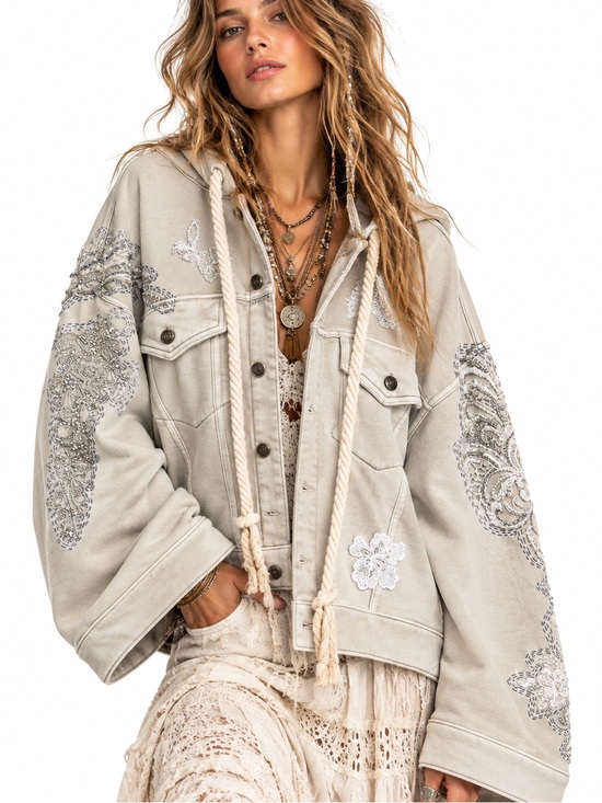 Free People Sweaters - Free People Cream Embroidered Hooded Crop Jacket